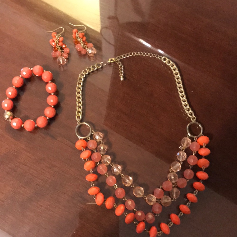 Orange, gold necklace, bracelet, earring set